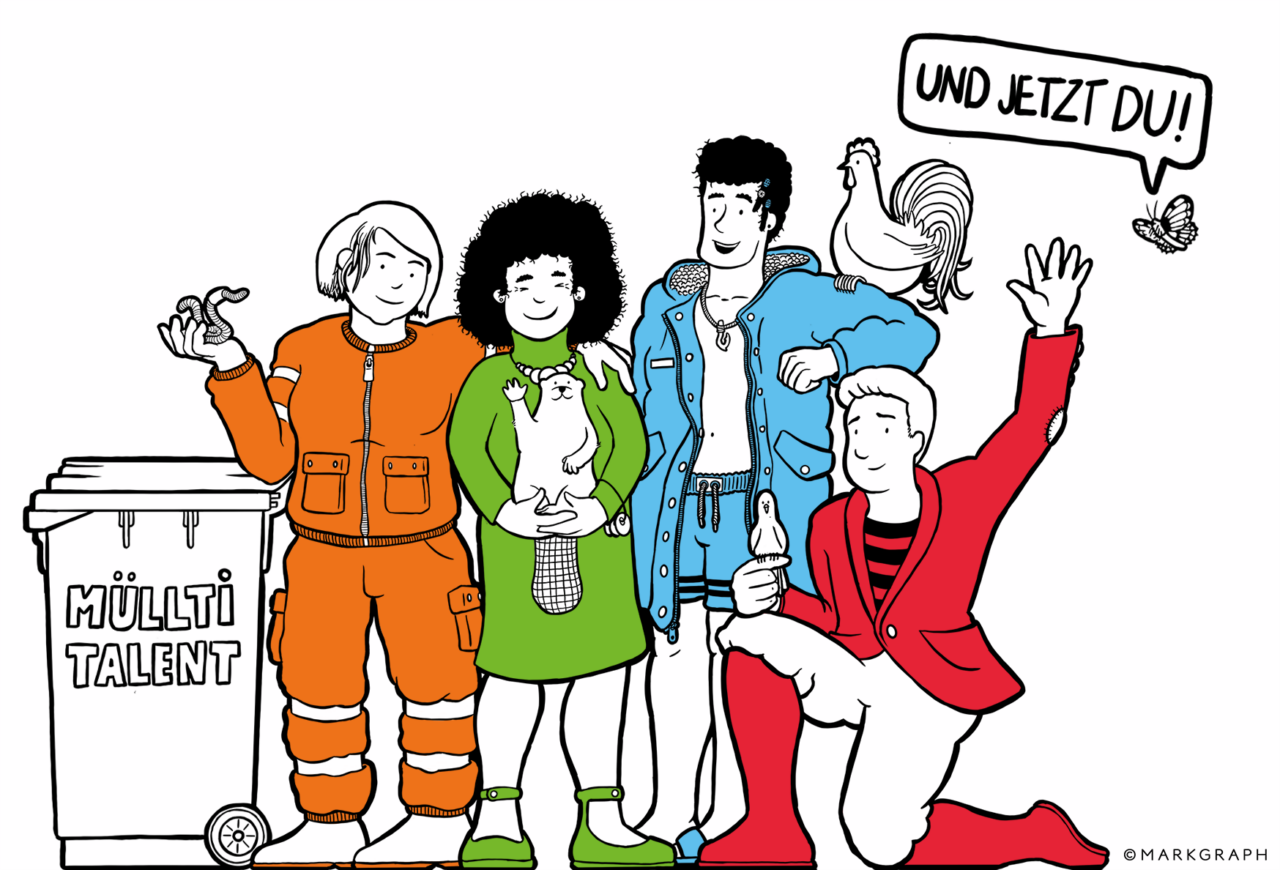 Eine Zeichnung mit vier Personen, die sich dem Umweltschutz widmen.