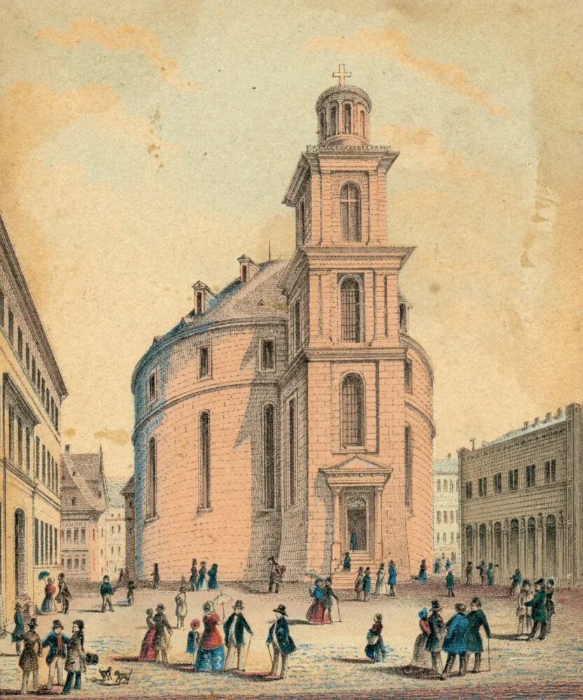 Ein historisches Gemälde von der Paulskirche in rotem Sandstein